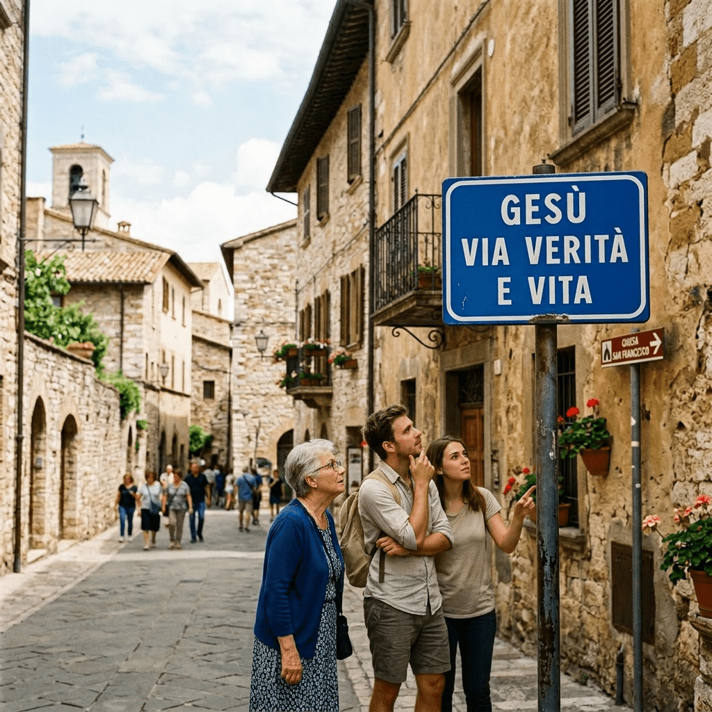 Blue street sign reading 'GESÙ VIA VERITÀ E VITA' in an Italian village street