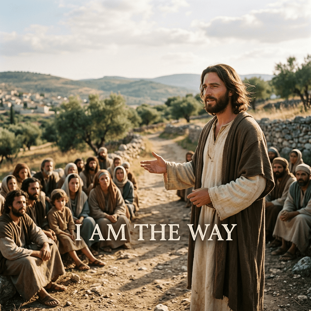 Man in biblical robes addressing seated crowd outdoors with text 'I AM THE WAY'