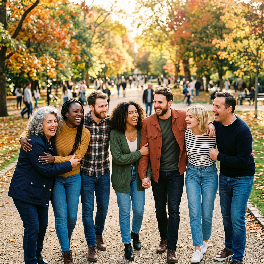 Group of six diverse friends laughing and walking in autumn park