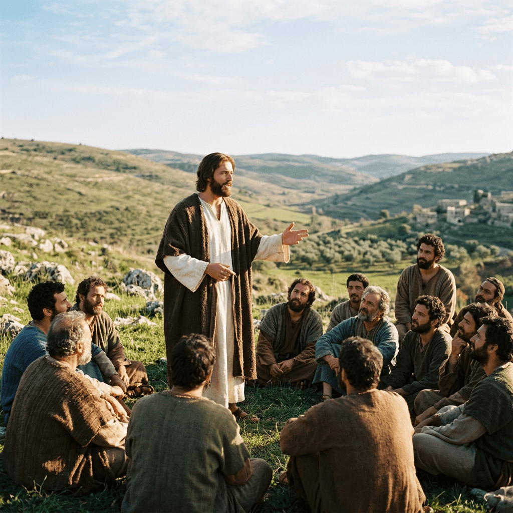 Jesus standing and teaching a seated group of disciples on a green hillside