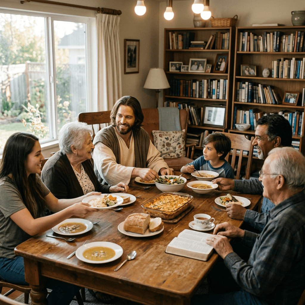 Family of six sharing dinner at a wooden table with soup, bread, salad, and casserole