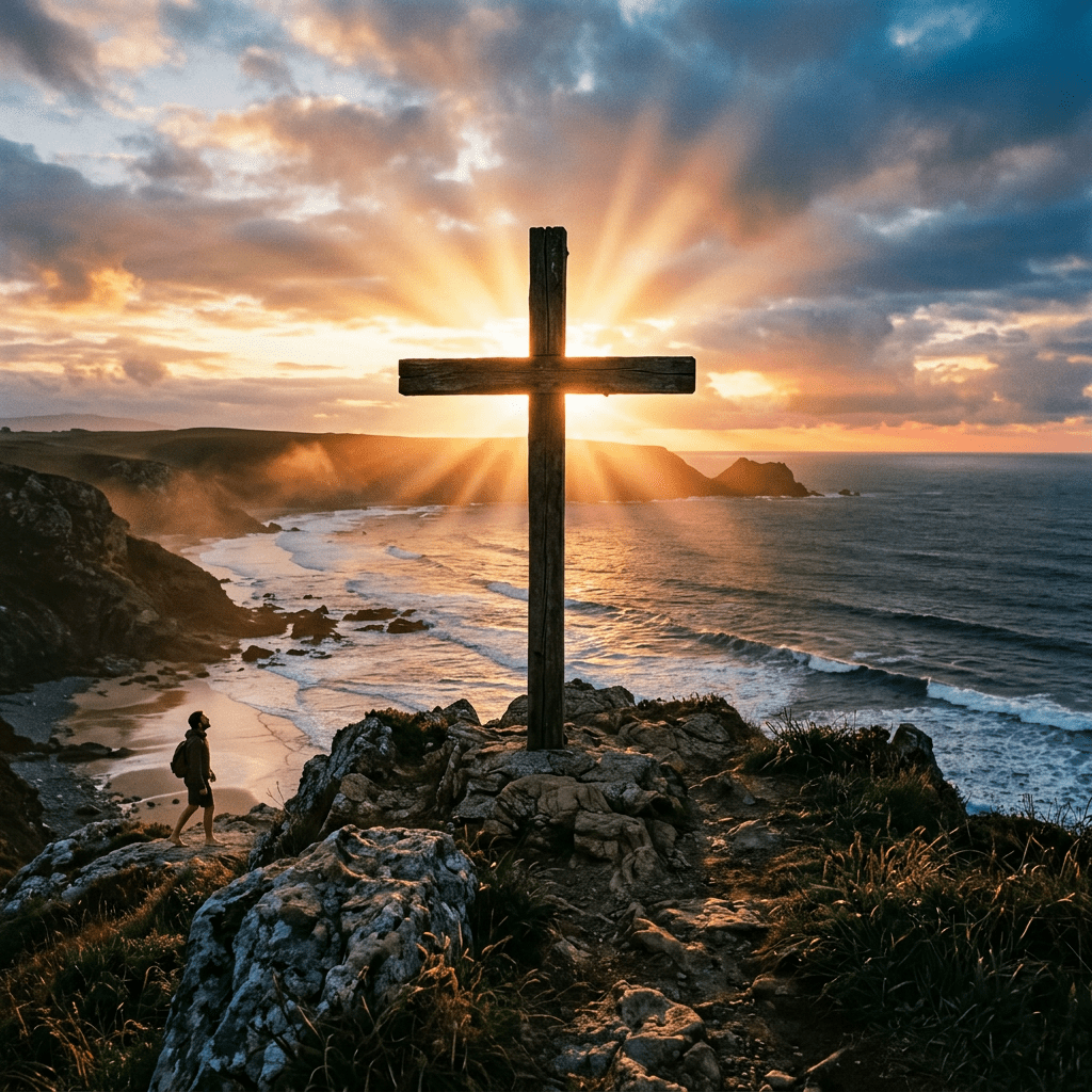 Wooden cross on cliff with ocean waves and sunset sky