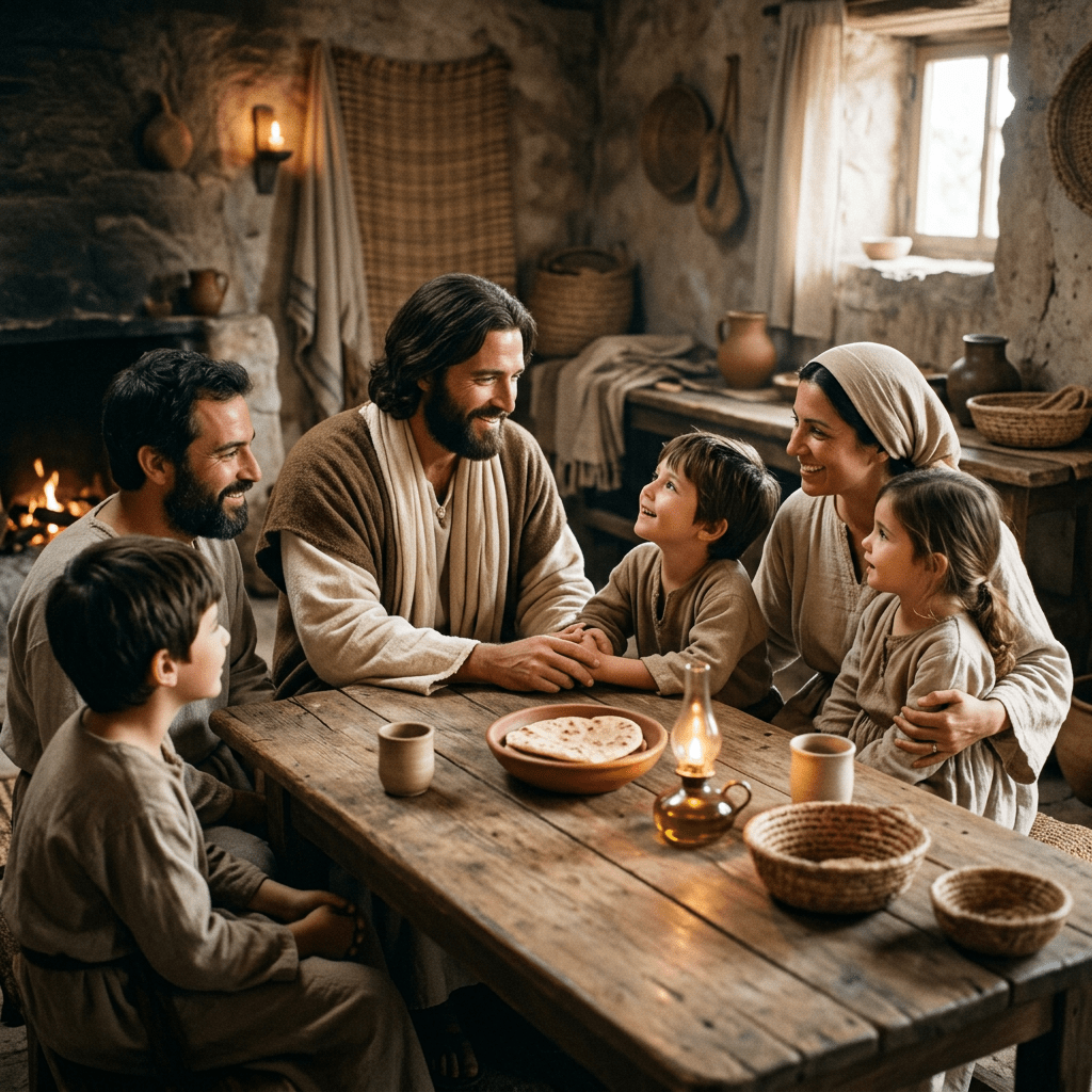 Family in biblical attire sitting around a wooden table sharing bread