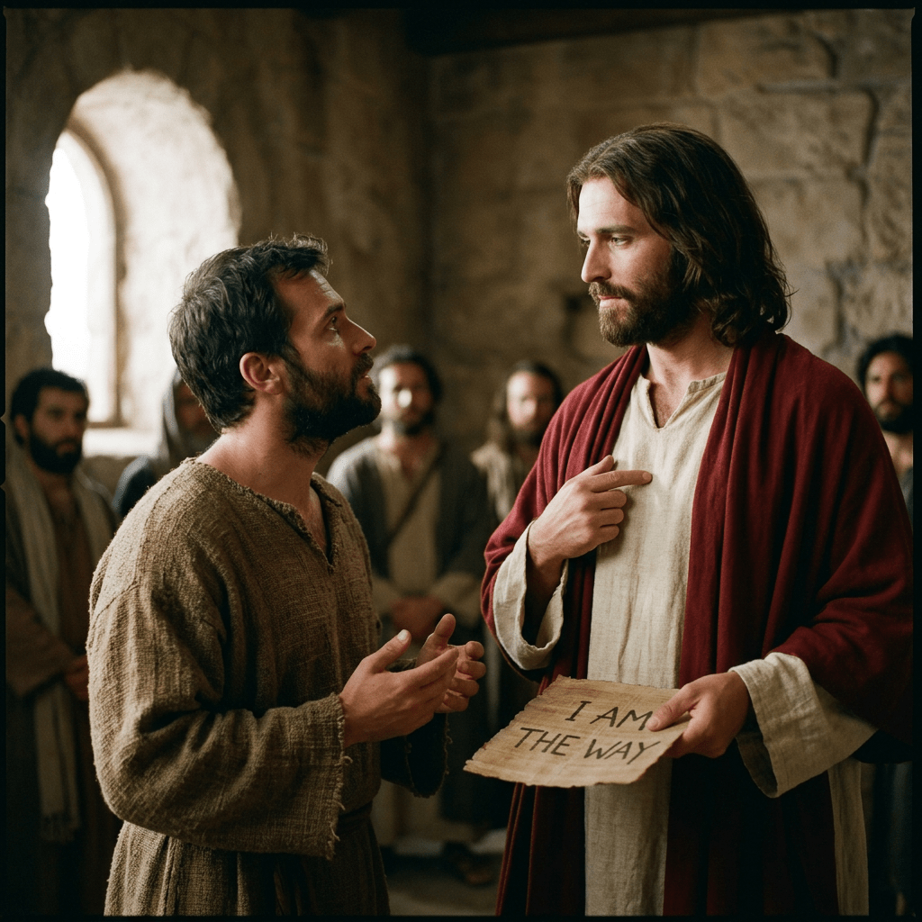 A man in biblical robes holding a sign reading I AM THE WAY speaking to a disciple