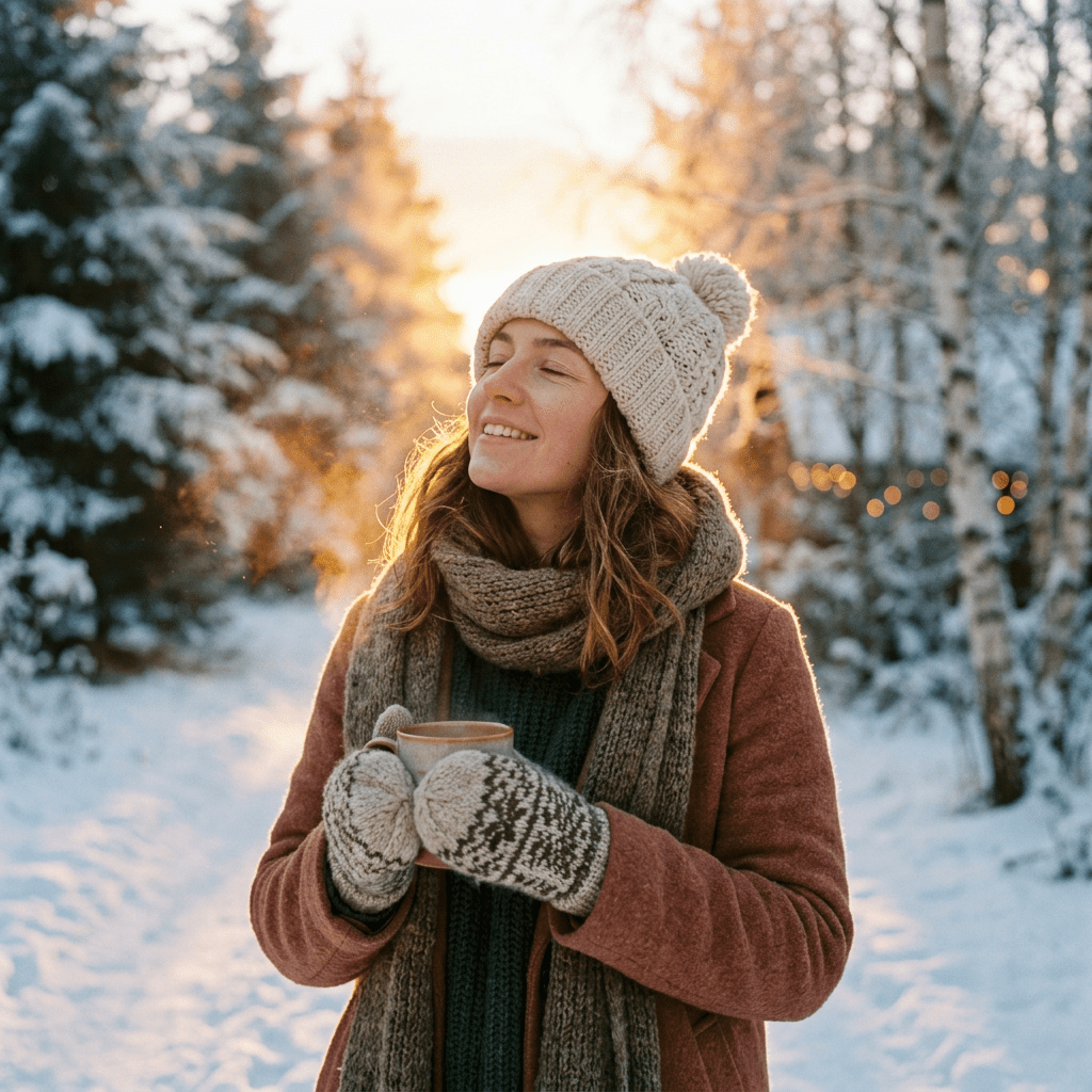 Woman in winter clothes holding a cup of hot drink outdoors in snowy forest
