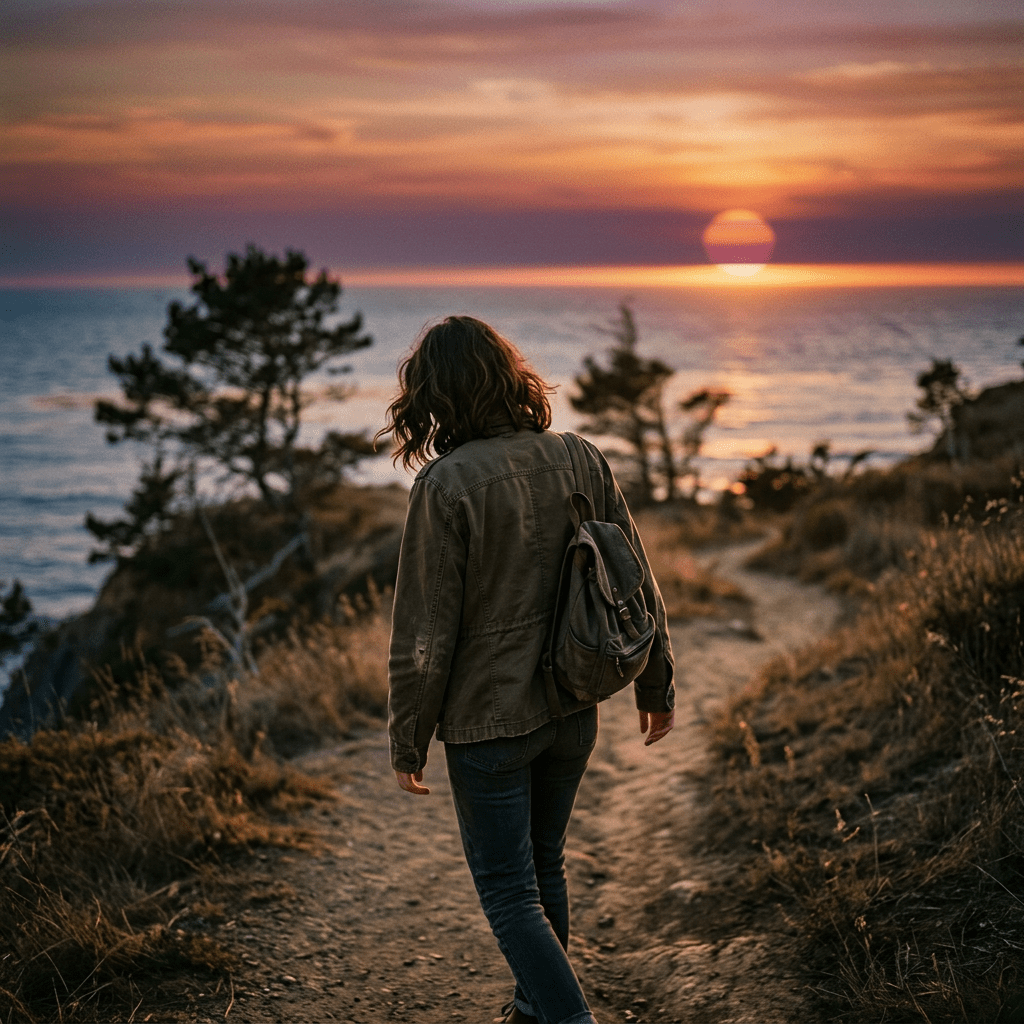 Person walking down a dirt path near the ocean at sunset with a backpack