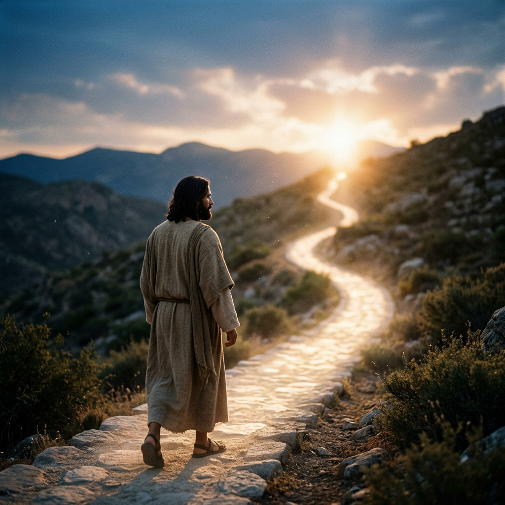 Man in ancient robe walking on a stone path toward a sunset over mountainous landscape