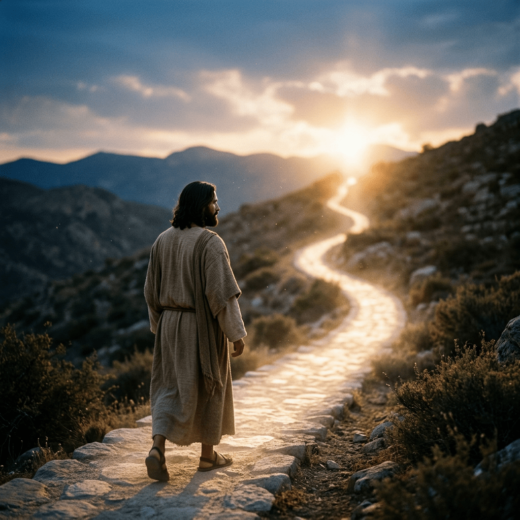 Man in ancient robe walking on a stone path toward a sunset over mountainous landscape