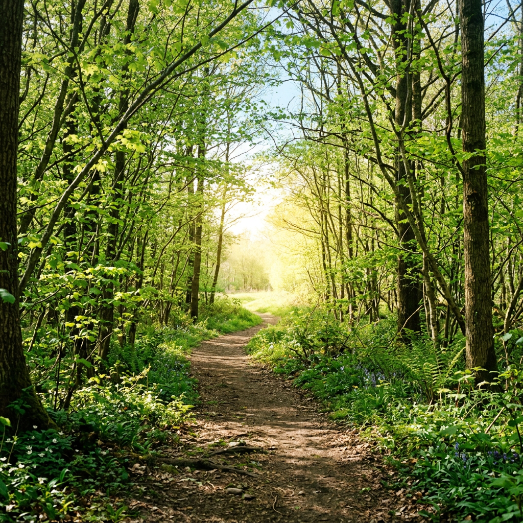 Dirt path through green leafy forest with sunlight filtering