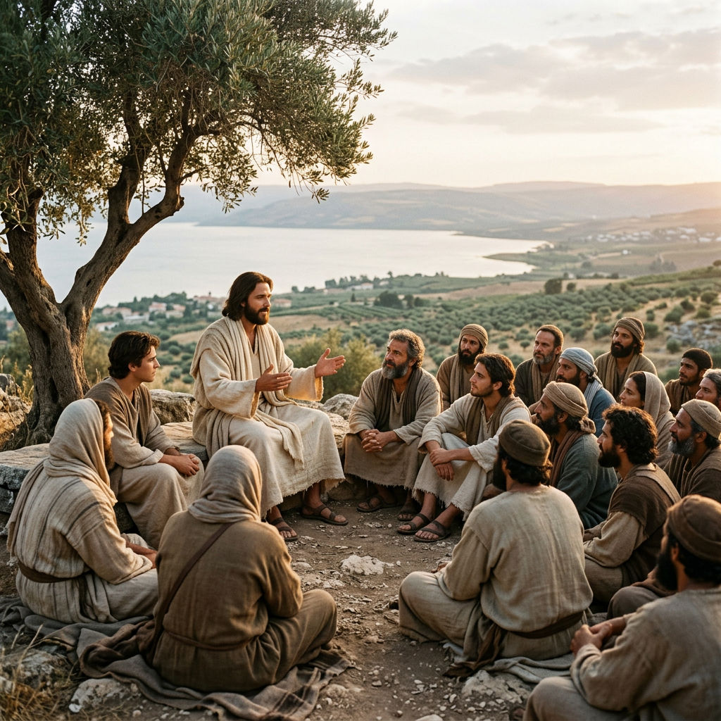 Jesus speaking to seated disciples outdoors under a tree near a lake