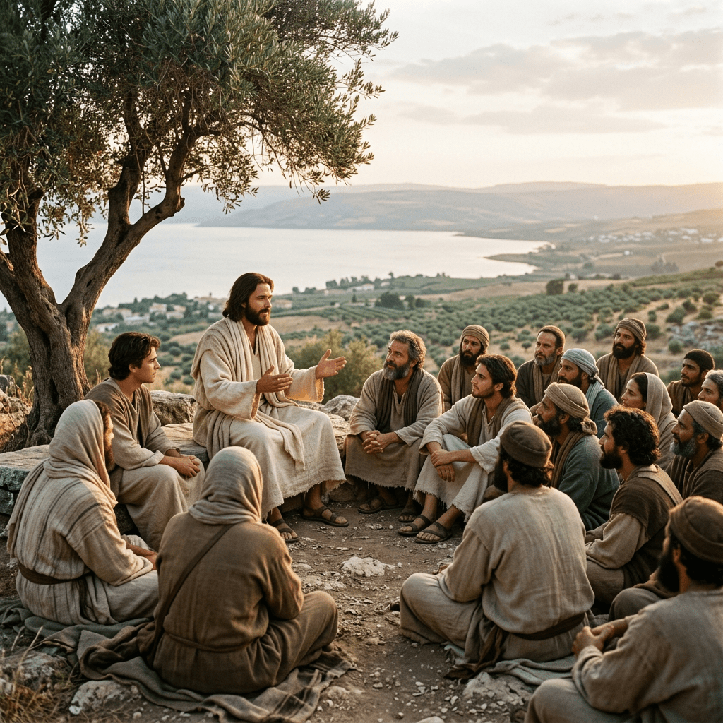 Jesus speaking to seated disciples outdoors under a tree near a lake