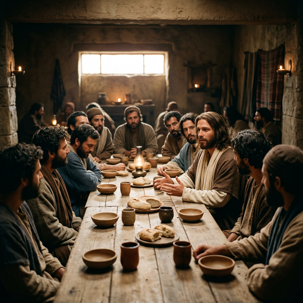 Twelve men dressed in historical robes gathered around a wooden table with bread and bowls.
