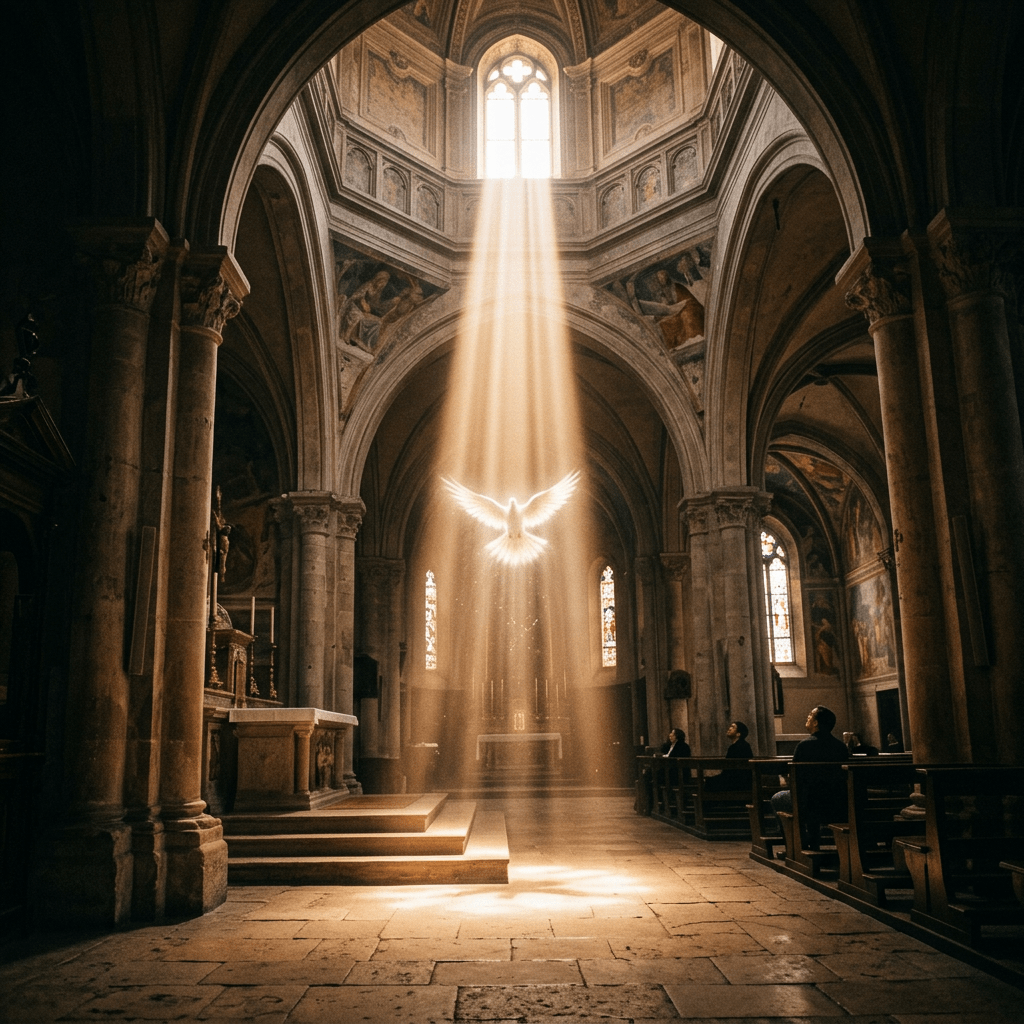 Sunlight beams through a high window onto a glowing dove inside a cathedral