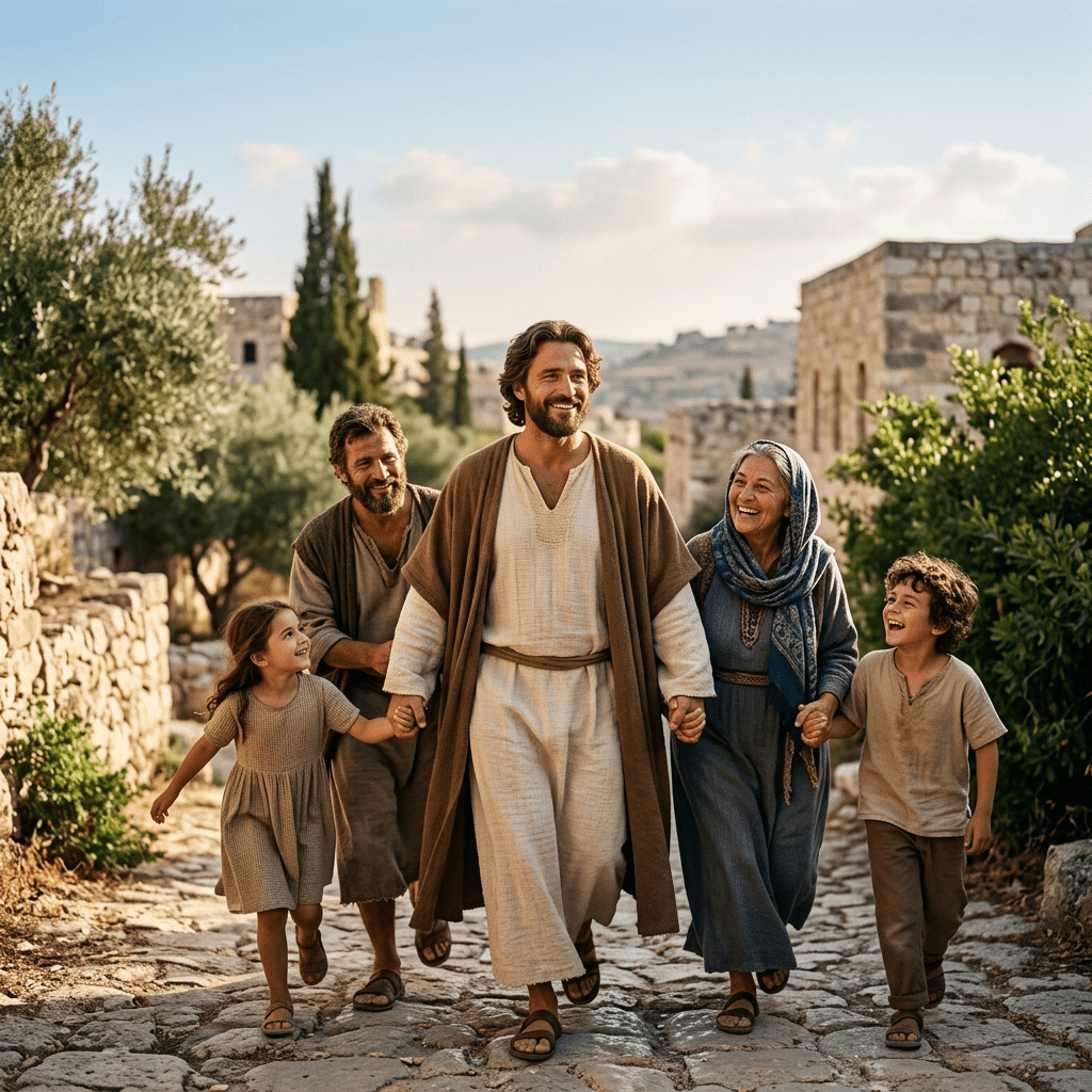 Group of five people walking hand in hand on a cobblestone street in a historic village
