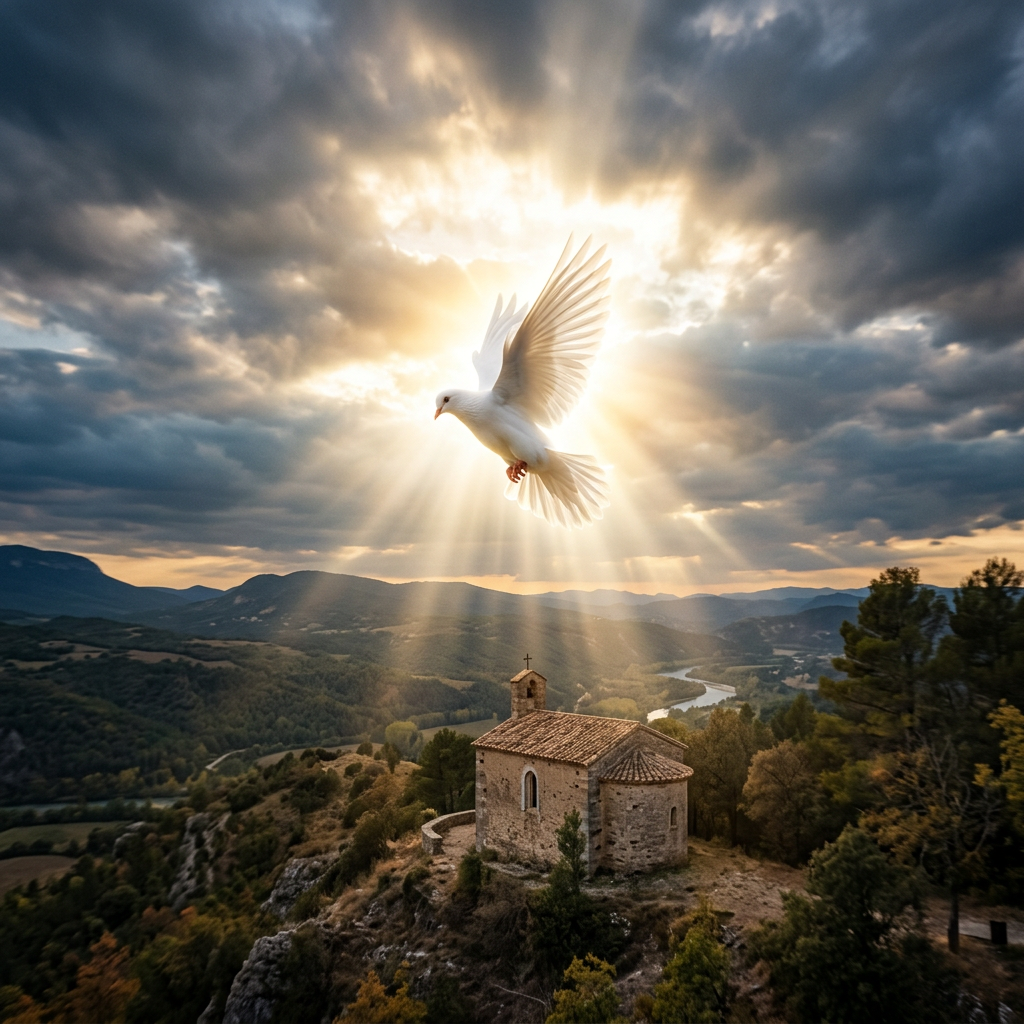 White dove flying over a small stone chapel on a hill with sun rays shining through clouds