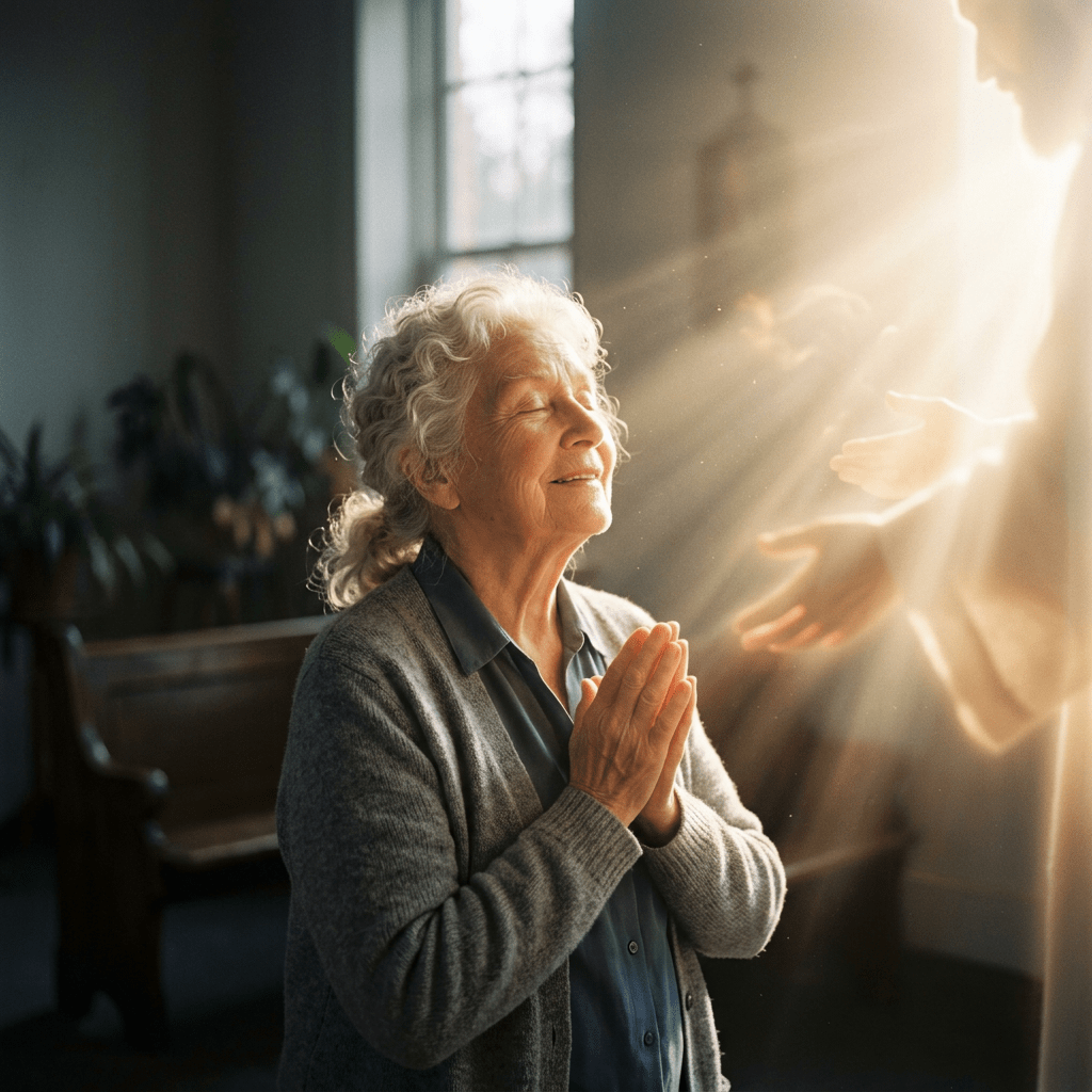 Elderly woman praying with hands clasped and eyes closed as soft light surrounds her