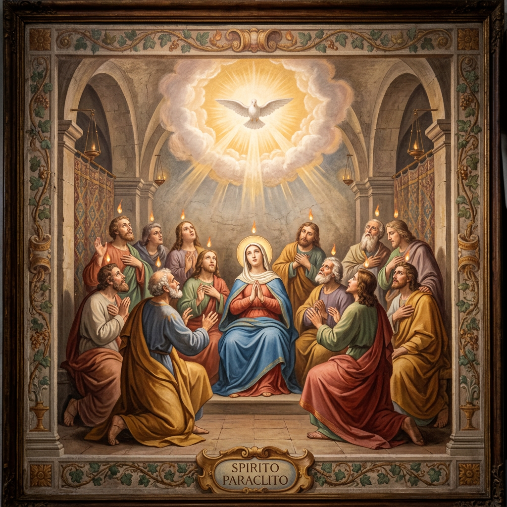 The apostles and Mary seated in an arched room with flames above their heads and a radiant dove surrounded by light and clouds above them