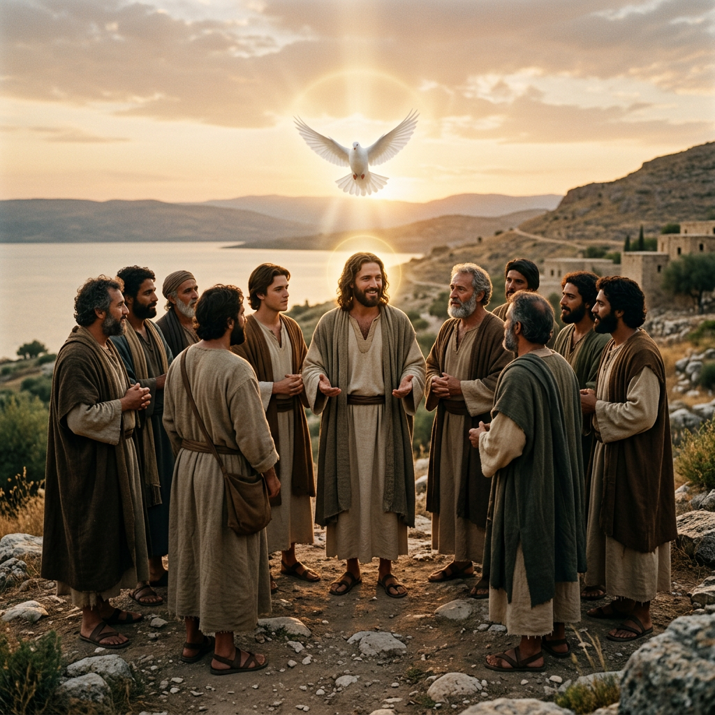 Jesus teaching his apostles outdoors with a glowing dove above