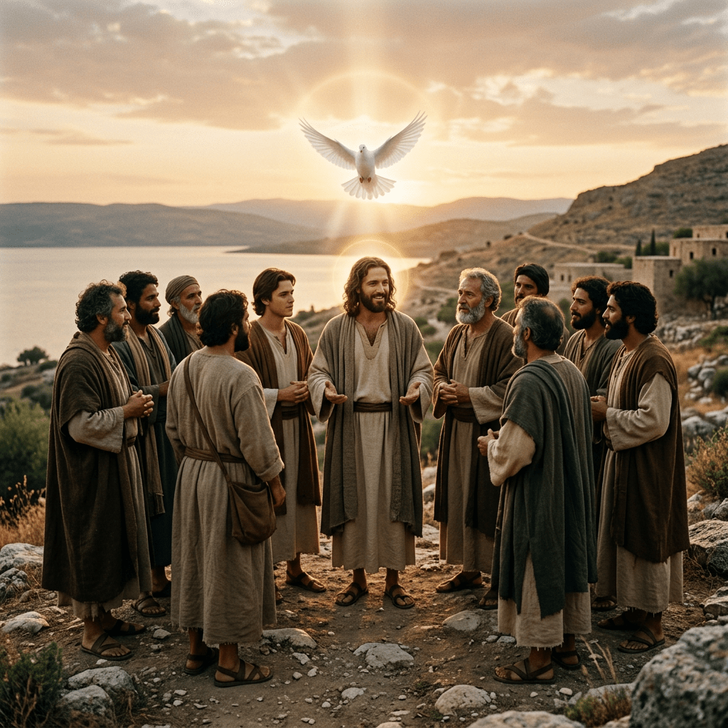 Jesus teaching his apostles outdoors with a glowing dove above
