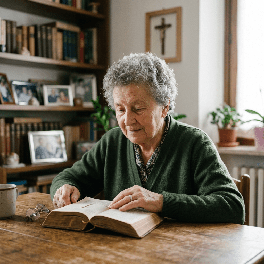 Elderly woman reading Bible at wooden table with glasses and mug nearby