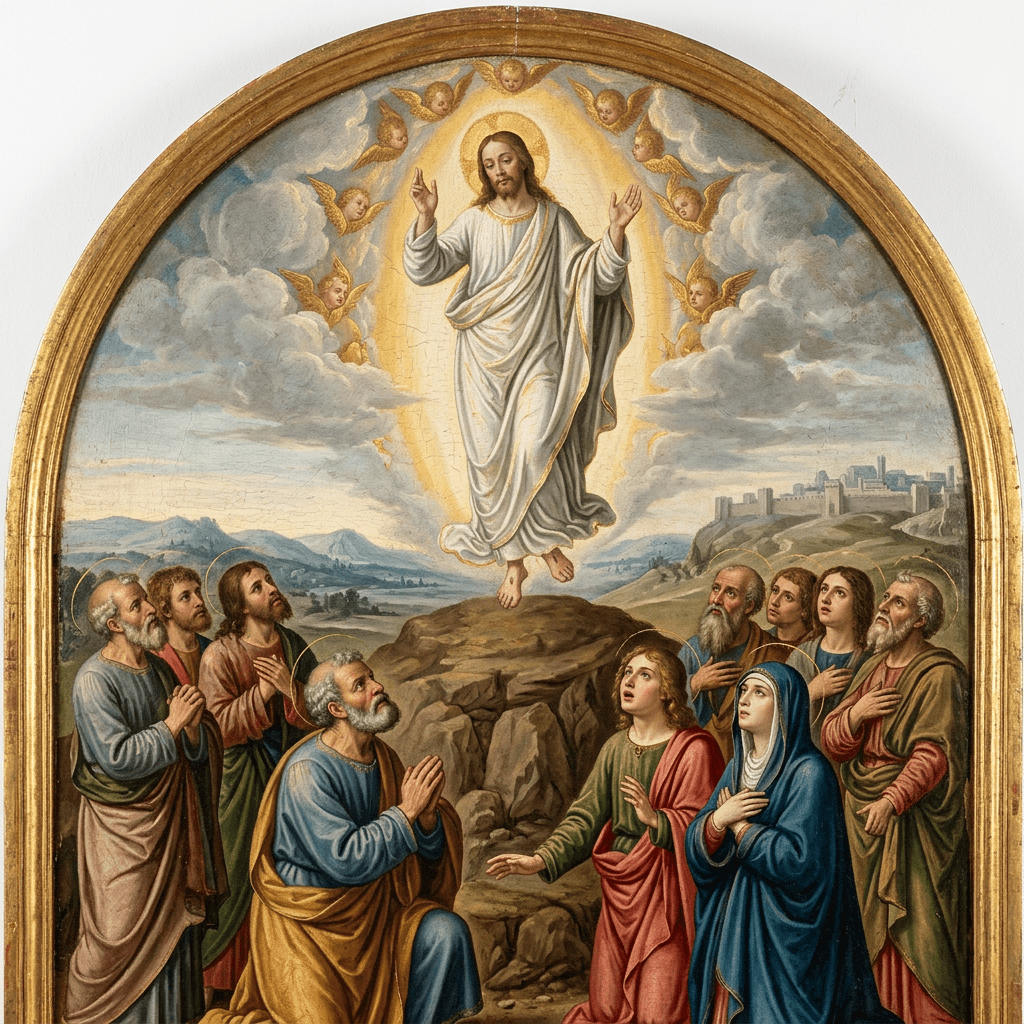 Jesus Christ ascending in a glowing mandorla with disciples below and angels around