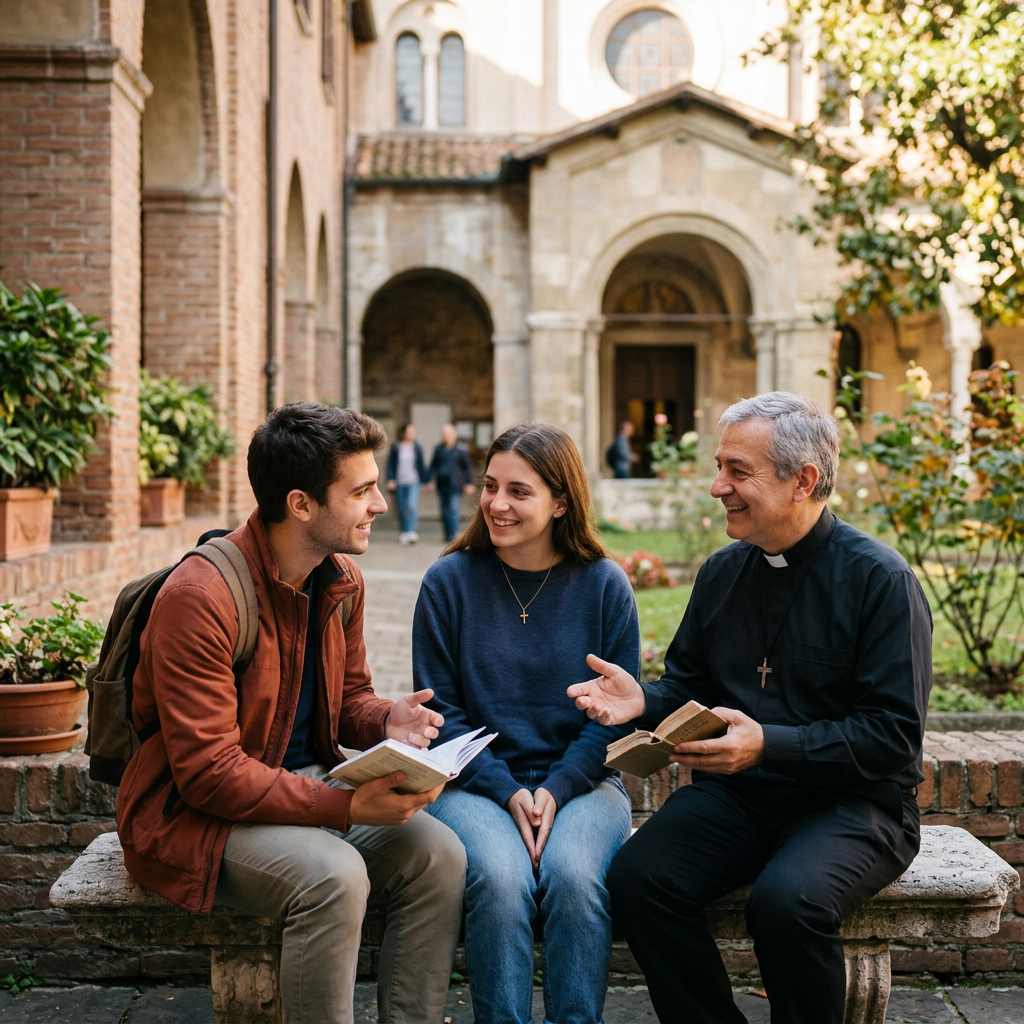 Priest and two young adults talking and reading books in church courtyard