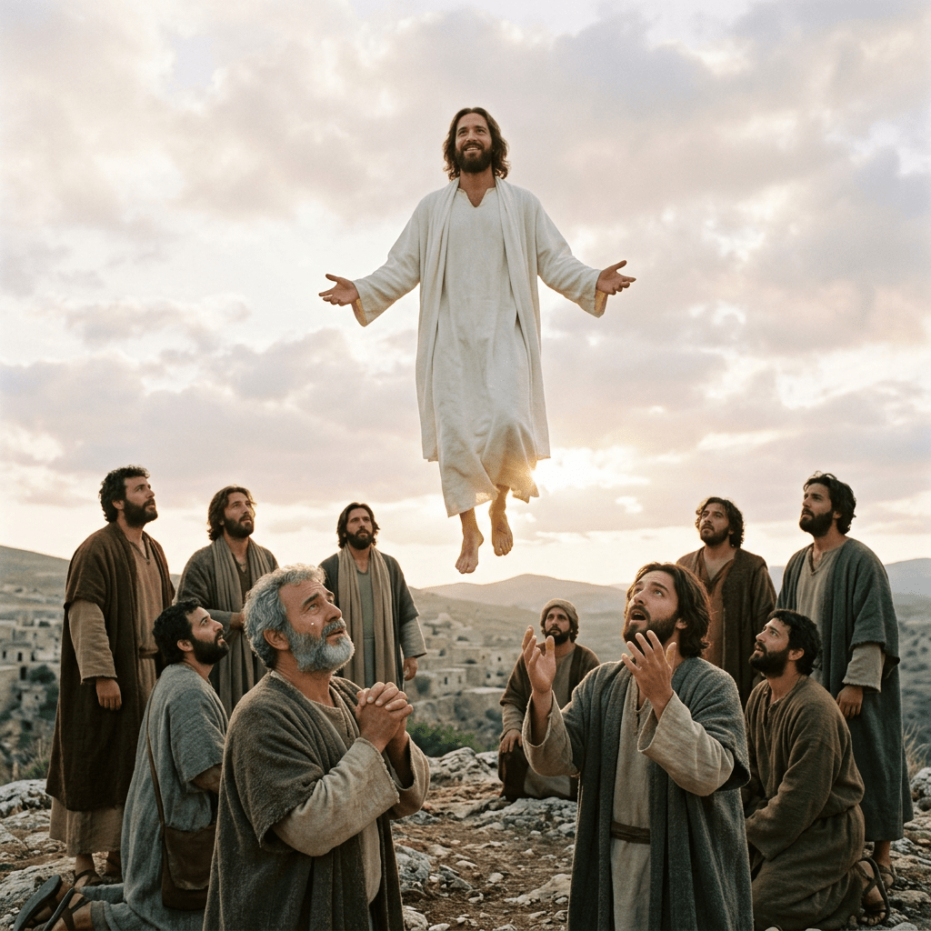 Jesus Christ ascending with disciples looking up in amazement