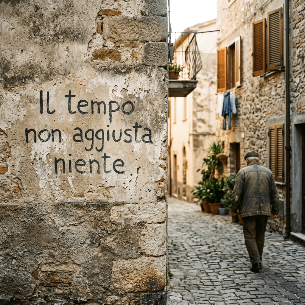 Worn wall with Italian text 'Il tempo non aggiusta niente' and elderly man walking on cobblestone street