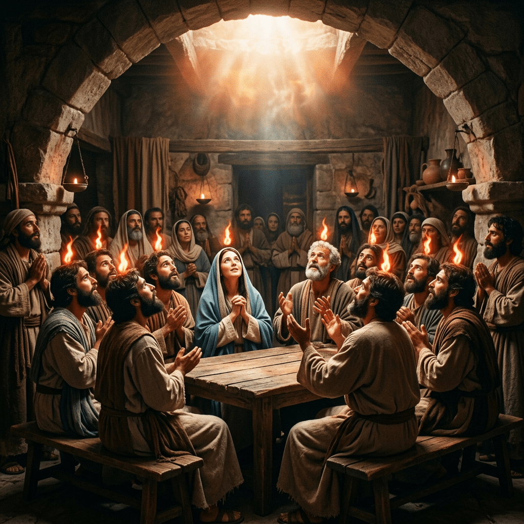 A group of disciples and Mary seated and standing around a wooden table with flames above their heads symbolizing the Holy Spirit