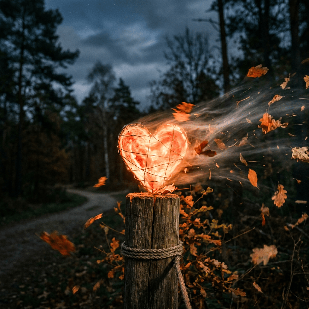 Heart-shaped fire sculpture with smoke and flying autumn leaves on wooden post in forest at dusk