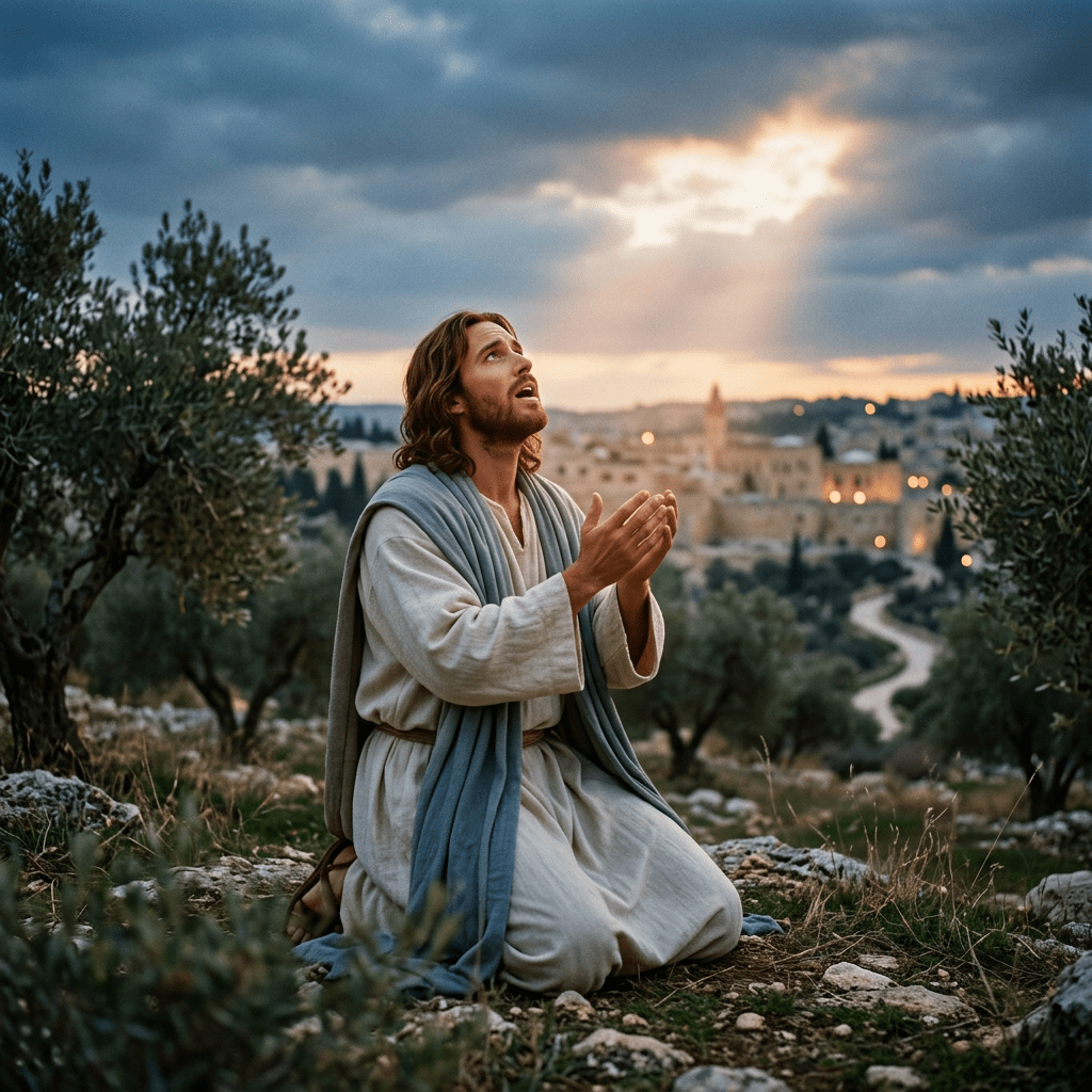 Man kneeling and praying outdoors among olive trees with a sunset city background