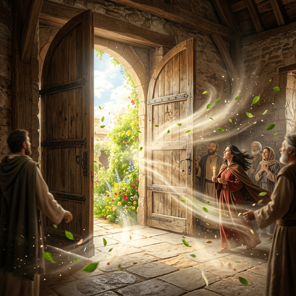 People standing inside a stone building with open wooden doors letting sunlight and leaves swirl inside