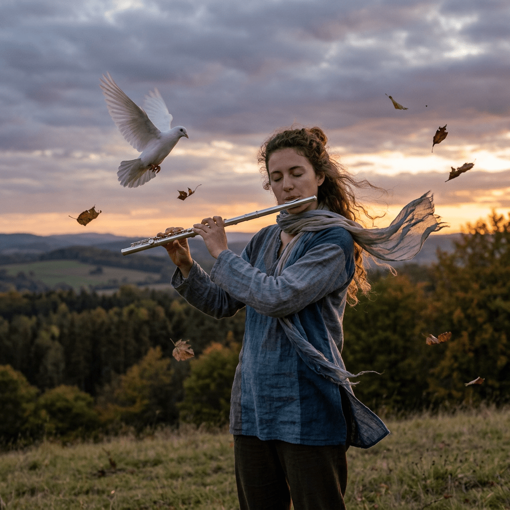 Woman playing flute outdoors at sunset with white dove and falling autumn leaves