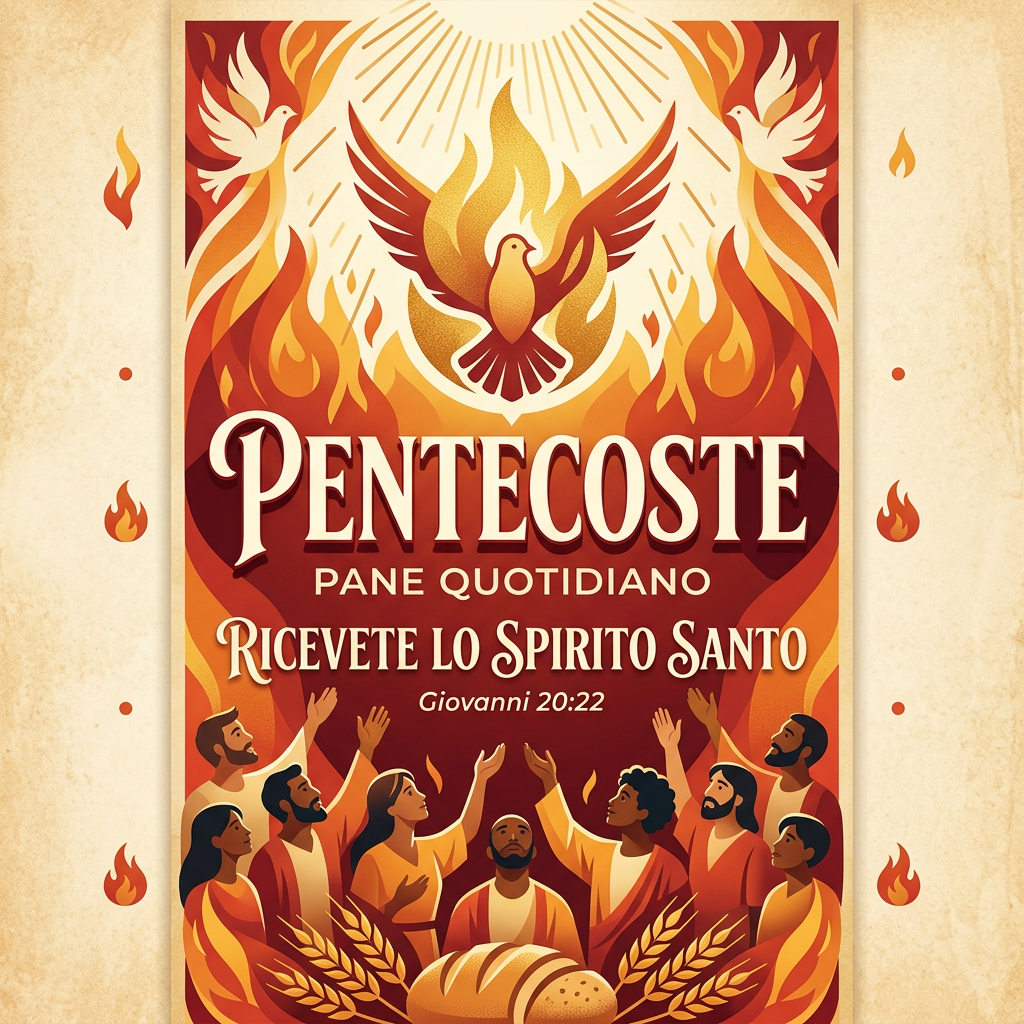 Pentecost celebration with dove, flames, and people reaching upward around bread