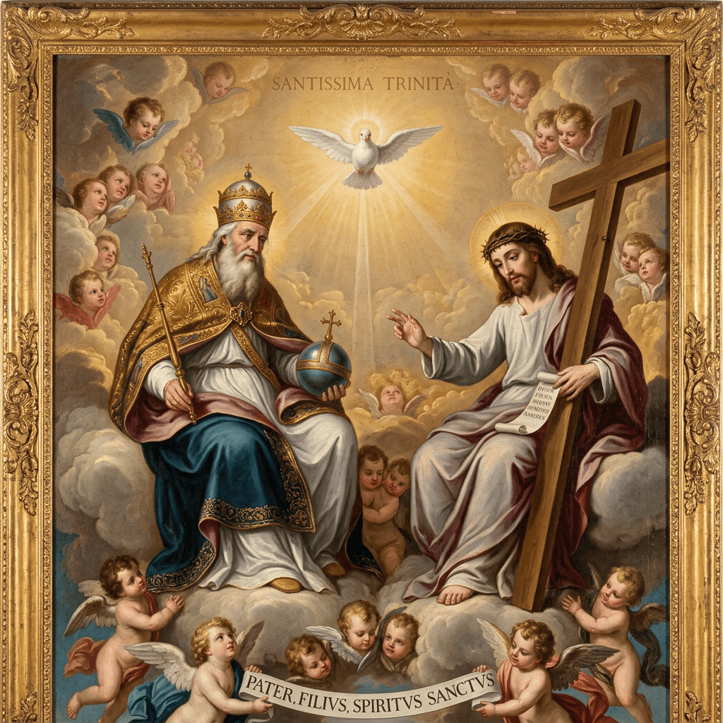 The Father and the Son seated on clouds with Holy Spirit dove above and angels around