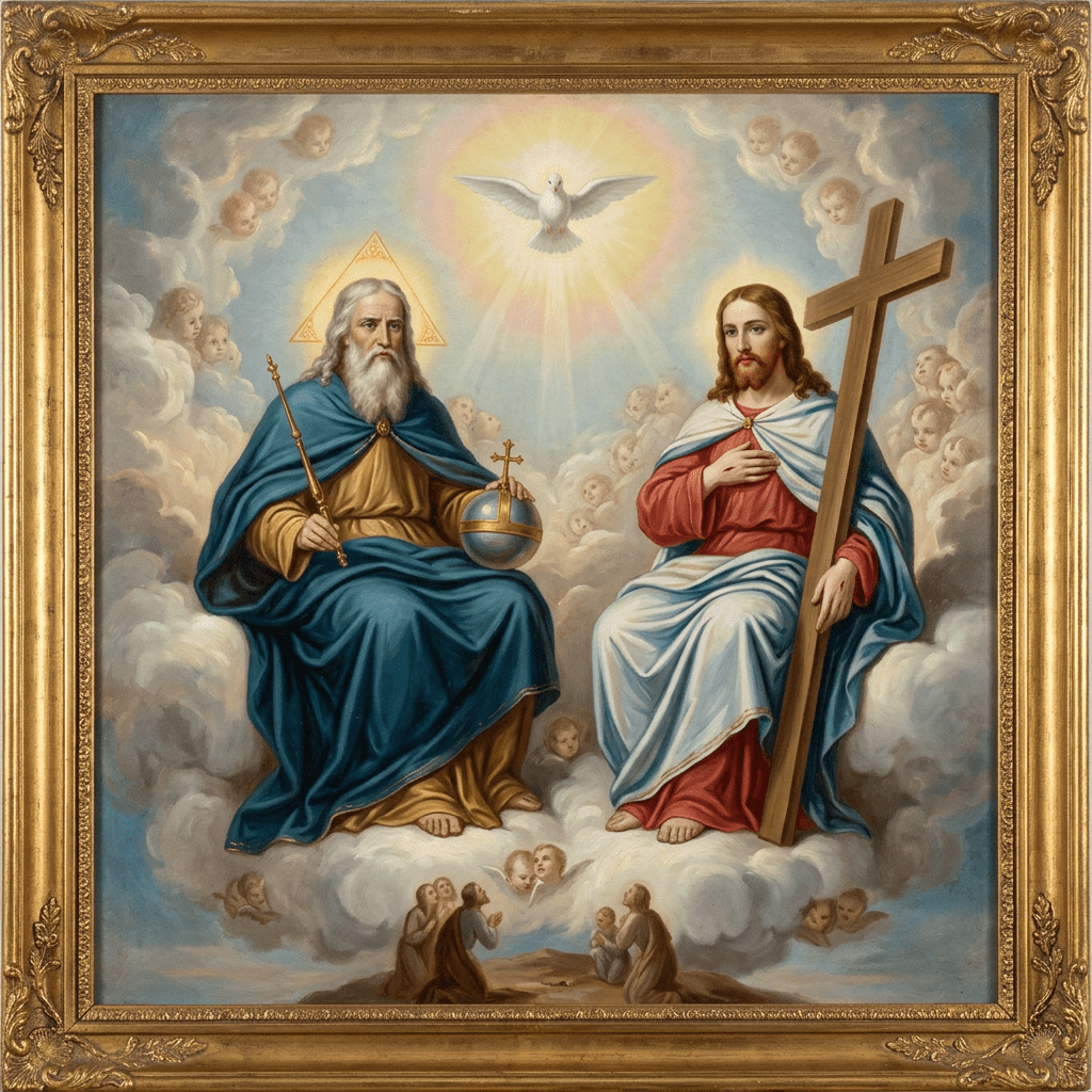 God the Father and Jesus Christ seated on clouds with Holy Spirit dove above and angels around