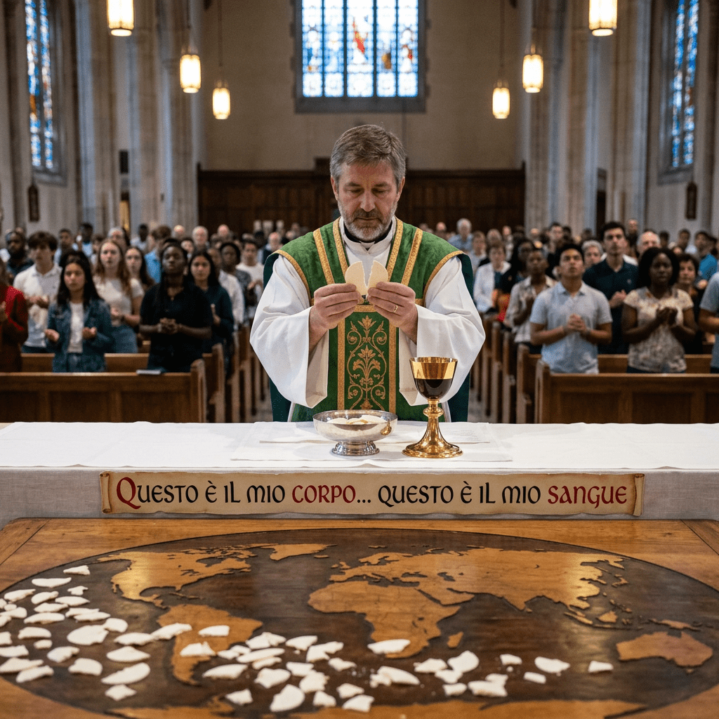 Priest holding Eucharist wafers during Catholic Mass with congregation in church