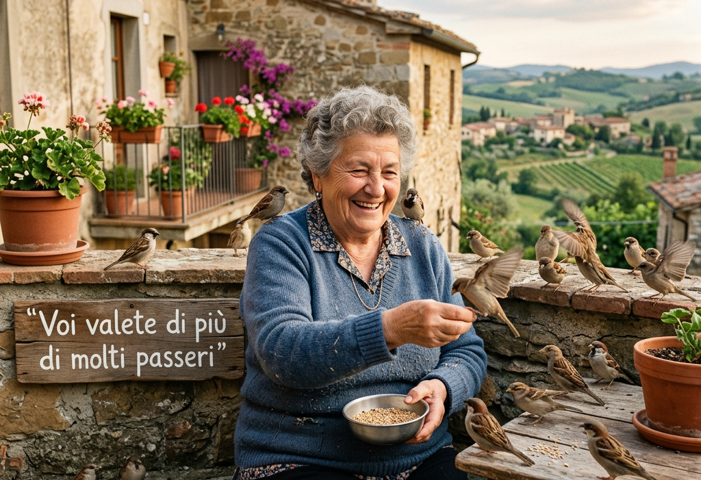 Elderly woman feeding sparrows on stone terrace with countryside background