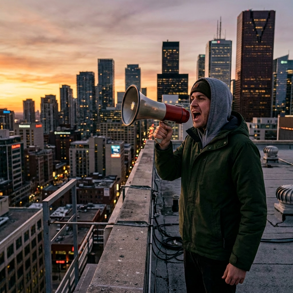 Add megaphone to person shouting from rooftop