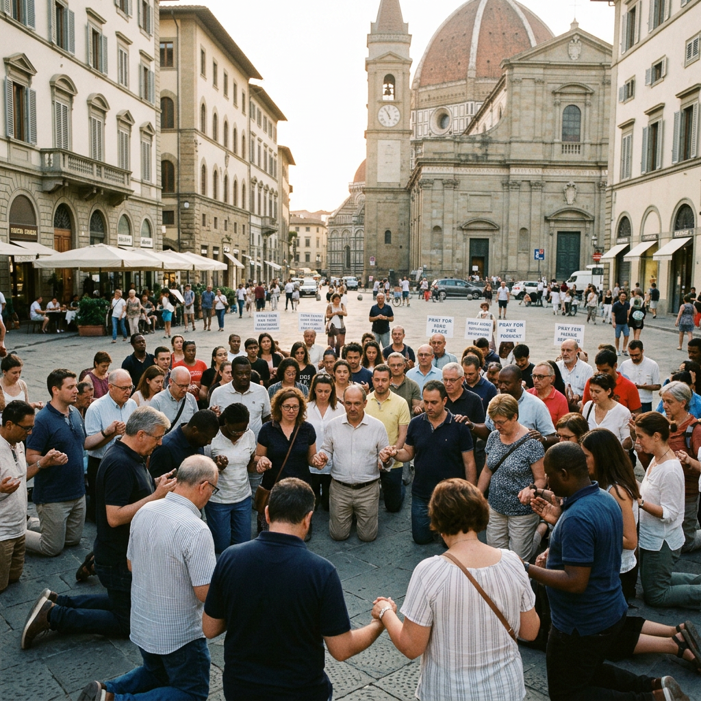People kneeling and holding hands in prayer in a city square with historic buildings