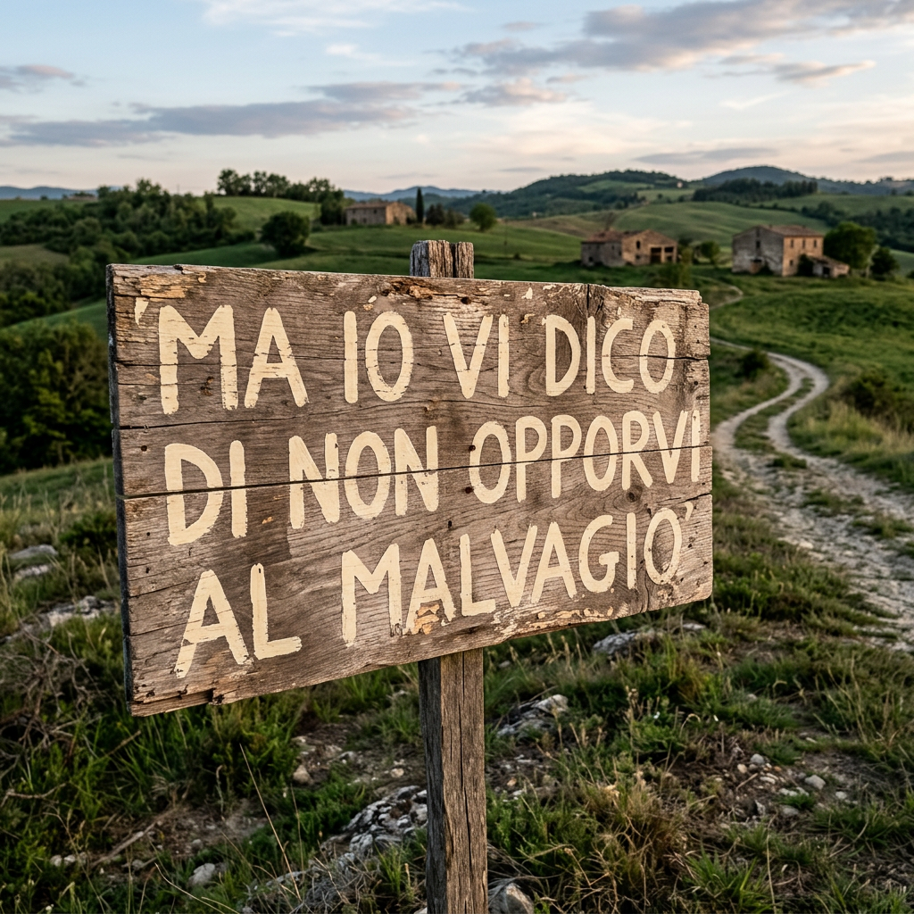 Wooden sign in Italian reading 'MA IO VI DICO DI NON OPPORVI AL MALVAGIO' in a rural landscape