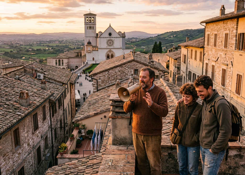 Man with megaphone guiding two tourists on rooftop near historic church in evening light
