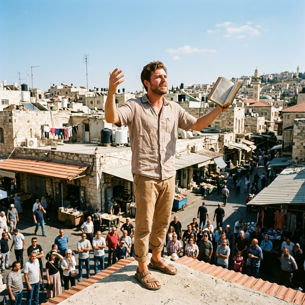 Man standing on rooftop holding open book speaking to gathered crowd in market