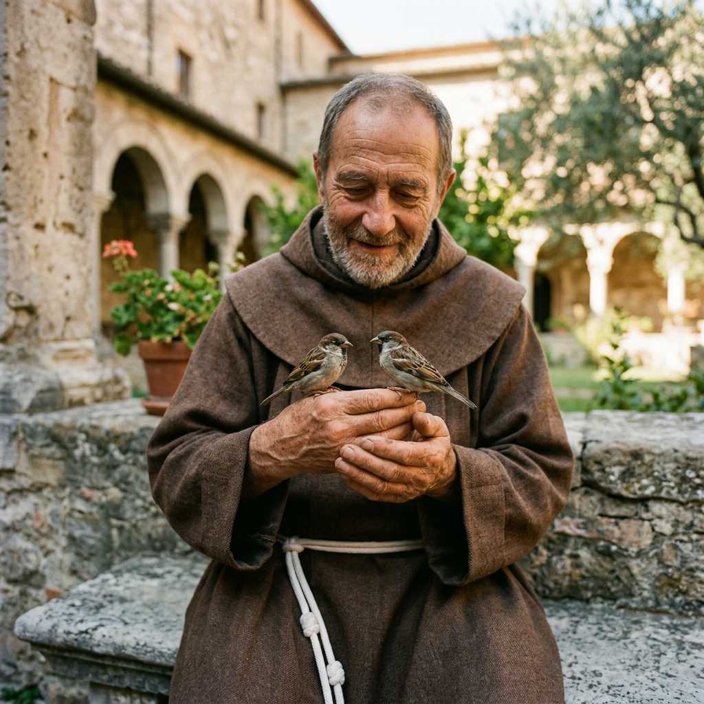 A monk holding two small birds perched on his hands in an old stone courtyard
