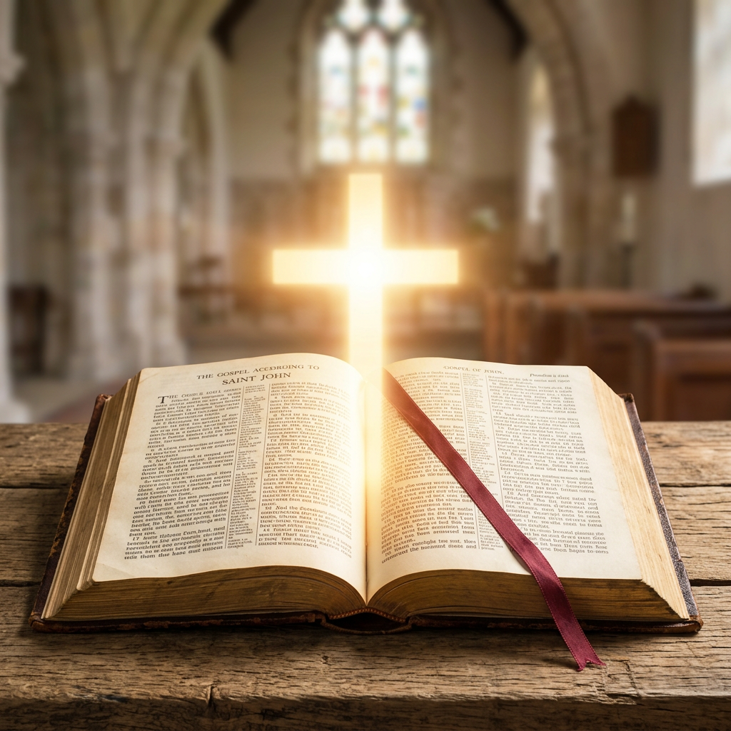 Open Bible showing the Gospel of Saint John with glowing cross light in a church