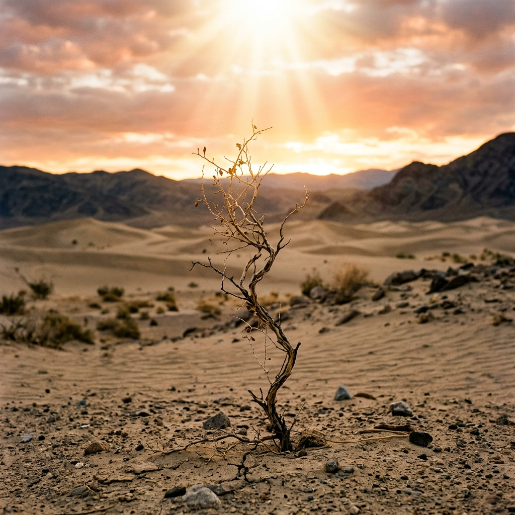 Dry shrub in sandy desert with mountains and sunrise