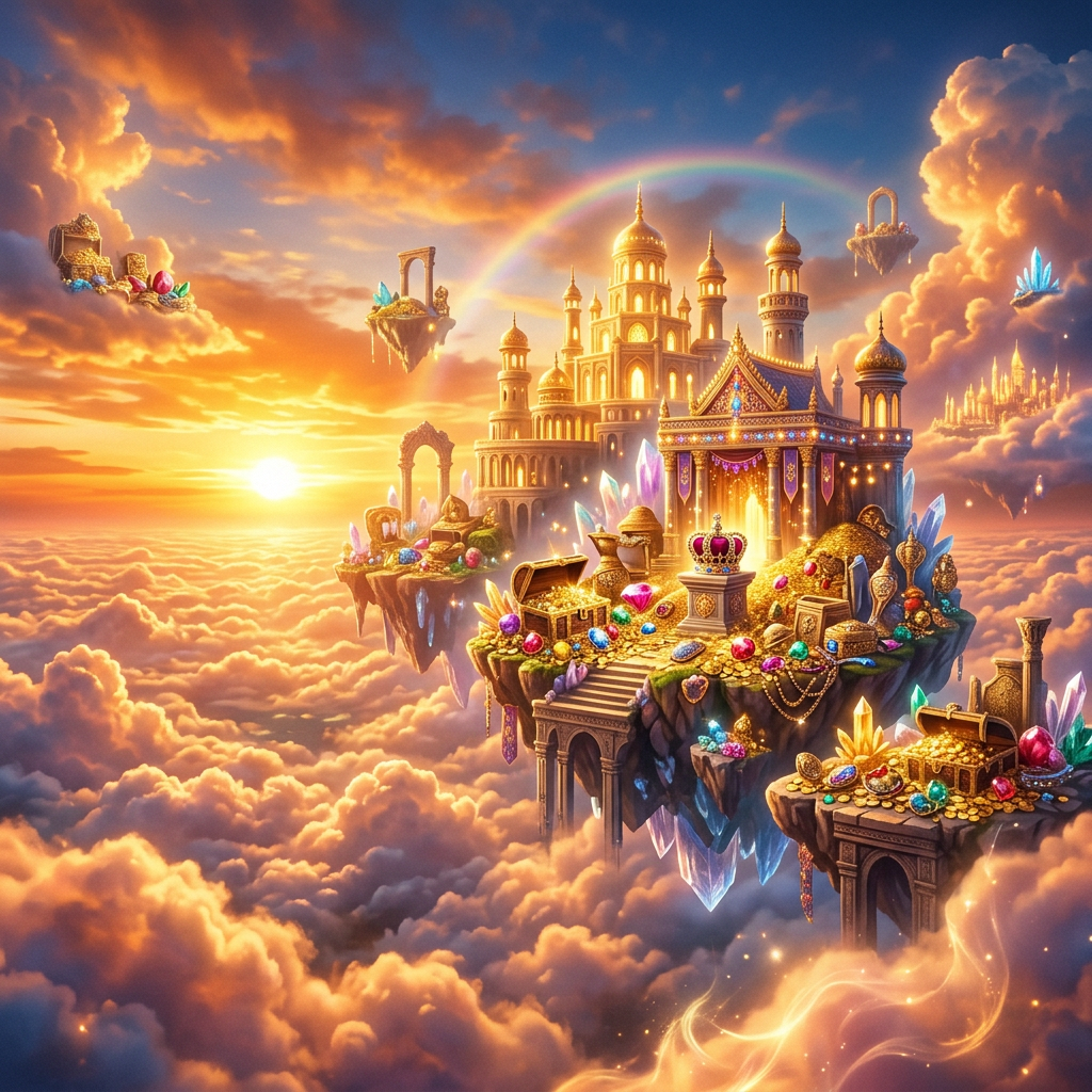 Golden castle and floating islands covered with jewels, gold coins, and treasures above clouds with a sunset and rainbow in the background