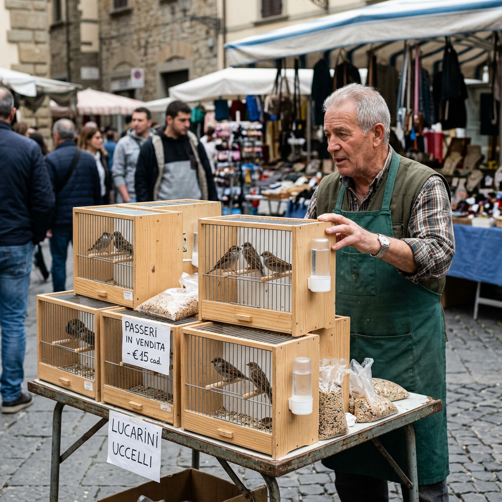 Small birds in wooden cages for sale at a market stall