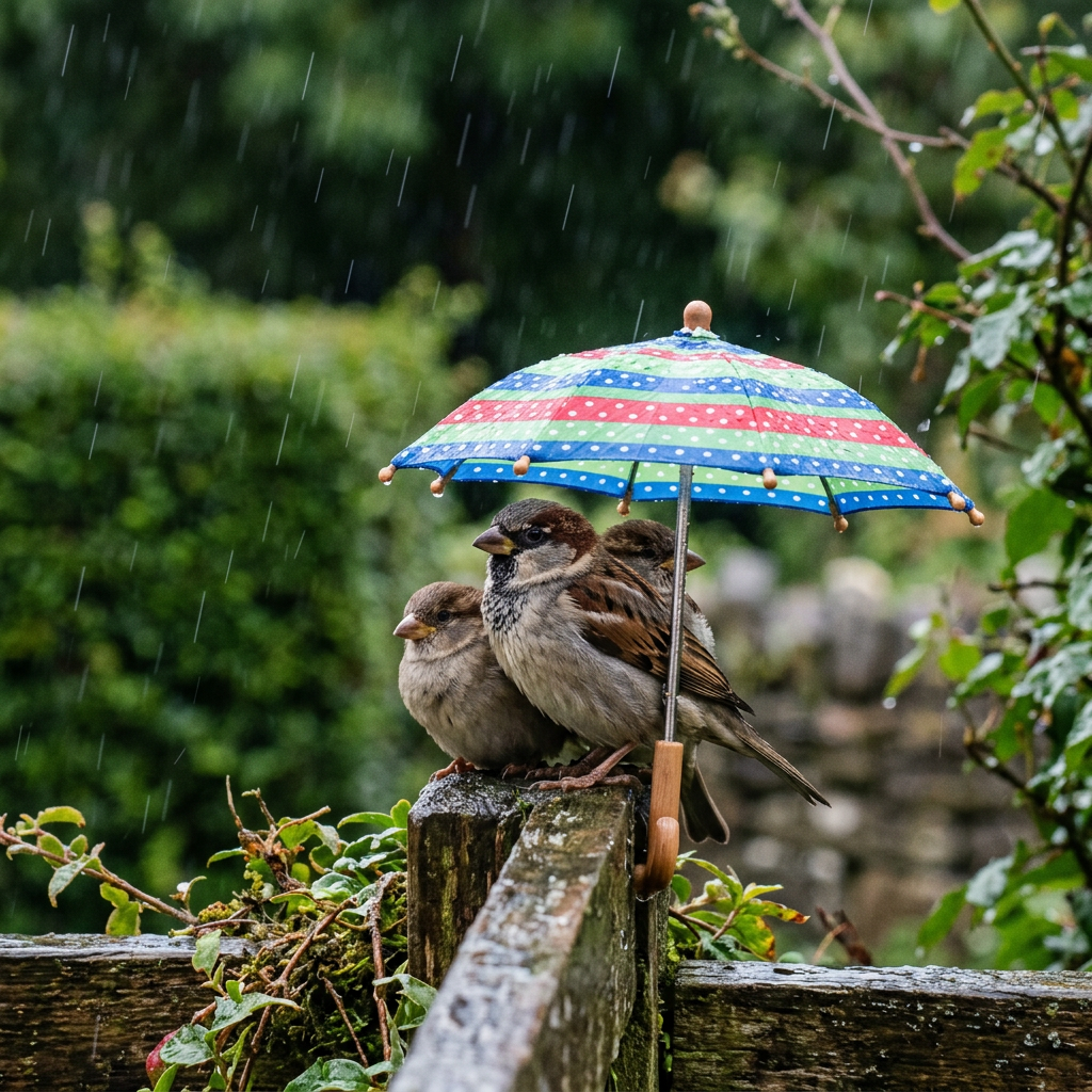 Three sparrows perched on a wooden fence under a small striped umbrella in the rain