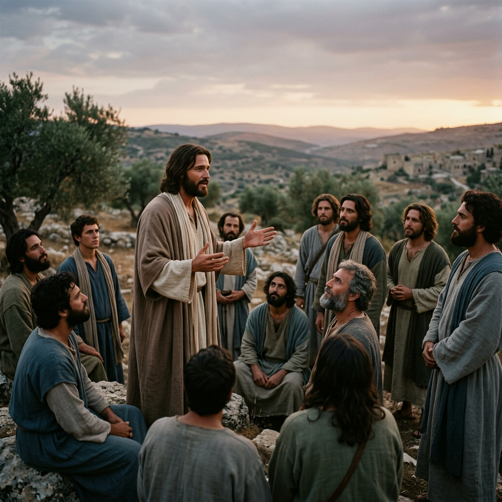 Jesus speaking to a group of disciples in a rocky outdoor area at sunset.